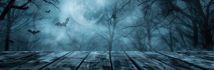 A spooky background with moon and bats, wood table top with foggy night sky, creepy trees, horror themed