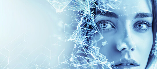 A woman's face is shown in a blue background. The image has a futuristic and abstract feel to it, with the woman's face being focus. young woman with face, composed of shattered neuronal network