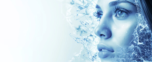 A woman's face is shown in a blue background. The image has a futuristic and abstract feel to it, with the woman's face being focus. young woman with face, composed of shattered neuronal network - Powered by Adobe