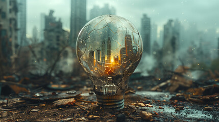 A light bulb with a city inside