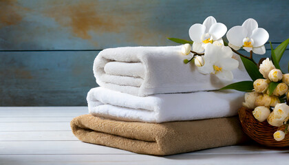 A bundle of soft, organic cotton spa towels on a white wooden table