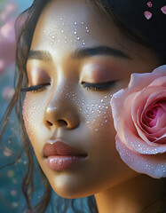 A close-up of a woman's face with closed eyes adorned with a white rose petal and her skin glistening with dewdrops