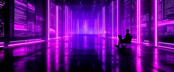 Abstract Cyberpunk Background in futuristic Neon City with one Person
