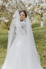 Fototapeta premium portrait of a very beautiful bride with long curly hair and wearing a white dress and long veil in a blooming spring garden. Naarechena holds her veil with her hands on a green background of grass