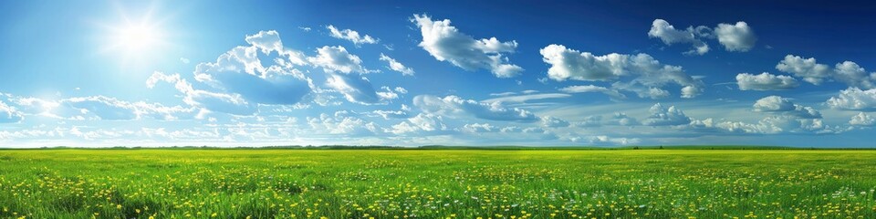 Blue sky, white clouds and green grassland background