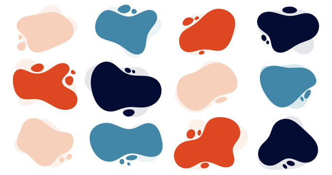 Ensemble de formes g&eacute;om&eacute;triques arrondies color&eacute;es - Motifs en formes de gouttes, taches - Formes abstraites liquides - Vecteur minimal et simple - Couleurs et formes dynamiques modernes