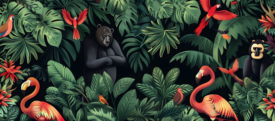 Illustration of a lush jungle scene featuring a variety of tropical animals, including flamingos, monkeys, and an assortment of colorful birds