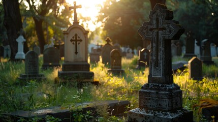 Sunlit cemetery scene with intricate tombstones and crosses amidst lush greenery