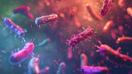 Obraz premium Colorful abstract bacteria illustration with antibiotic resistance concept. Microbiota and microbiome visual representation. Science background with copy space. Vector art for microorganism context
