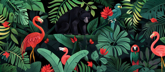 Illustration of a lush jungle scene featuring a variety of tropical animals, including flamingos, monkeys, and an assortment of colorful birds