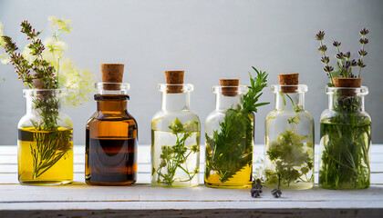 spa bottles of essential oil with herbs in them on a white wooden table