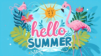 Flamingo, Sun and leaves with the text hello SUMMER, in light blue background