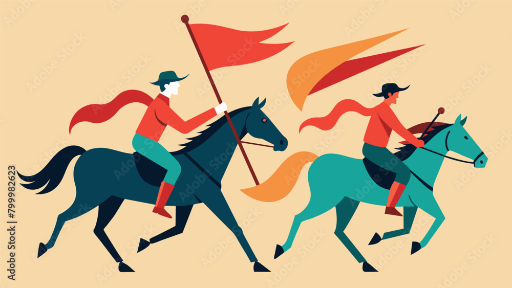 Poster the riders carry banners and flags in one hand while expertly controlling their horses with the othe