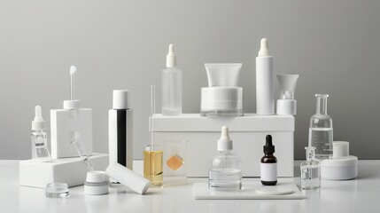 Clean beauty essentials: cosmetic products in sleek white packaging amidst laboratory glassware - minimalist skincare and beauty concept