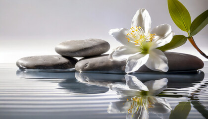 Fototapeta na wymiar spa stones with flowers reflecting in water