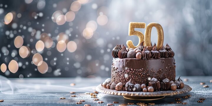 Elegant chocolate cake decorated with golden number 50, ideal for celebrating 50th anniversaries or birthdays.
