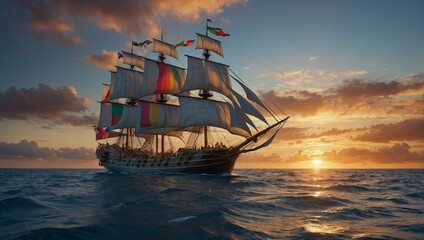 a grand VOC ship adorned with colorful flags