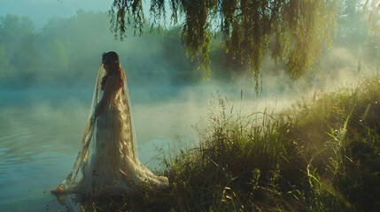 Beauty elegant sad woman queen stands on shore fantasy