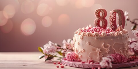 Elegant 80th birthday cake adorned with pink and white frosting, flowers, and '80' toppers.