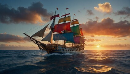 a grand VOC ship adorned with colorful flags