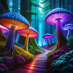 Glowing mushrooms in the woods.