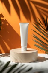 white tube of cream on a flat round beige podium with orange background with shadows