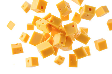 A close up of yellow cheese cubes scattered across a white background