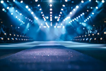 "Runway at Fashion Event: Empty Catwalk and Bright Spotlights". Concept Fashion Events, Catwalk, Runway, Spotlights, Empty Stage