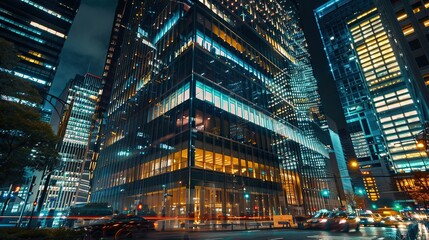 A night time photo of a large, modern office building with reflective glass windows lit from the inside.

