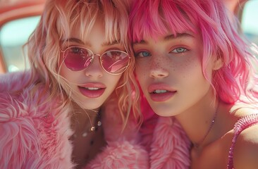 Obraz premium Two cheerful young women with vibrant pink hairstyles and modern sunglasses being playful and enjoying each other's company