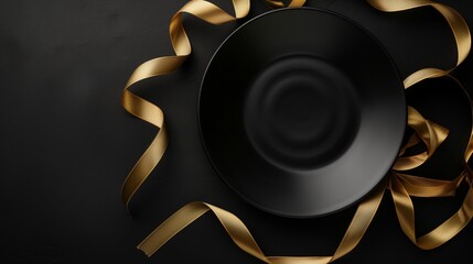Elegant black plate surrounded by golden satin ribbons on a dark textured background.