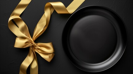 Elegant black plate tied with a luxurious golden satin ribbon on a textured dark background. - Powered by Adobe