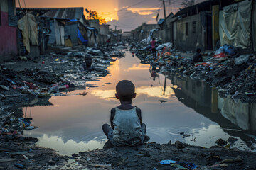A young black child sits beside a vast puddle amidst slums, surrounded by heaps of garbage. A poignant scene of urban poverty. Generative AI. - obrazy, fototapety, plakaty