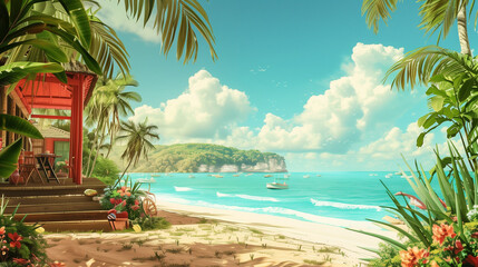drawing of beach with palm trees 