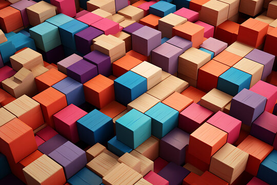 abstract colorful background made of wooden cubes, 3d render illustration