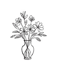Hand drawn line art minimalist flower bouquet illustration. Abstract rough floral drawing. Floral and botanical clipart. Elegant flowers in a vase for florist branding and wedding stationery.