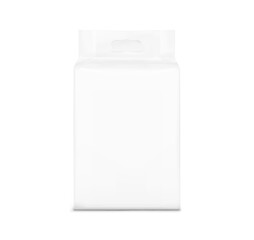 Realistic stand bag with hole handle mockup. Front view. Vector illustration isolated on white background. Ready for your design. Suite for the presentation of diaper, wet wipes. EPS10.