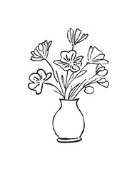 Hand drawn line art minimalist flower bouquet illustration. Abstract rough floral drawing. Floral and botanical clipart. Elegant flowers in a vase for florist branding and wedding stationery.