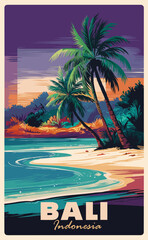 Naklejka premium Bali, Indonesia Travel Destination Posters in retro style. Ocean beach landscape digital print. Exotic summer vacation, holidays, tourism concept. Vintage vector colorful illustration.