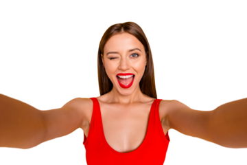 Hey there! Closeup portrait of beautiful pretty charming rejoicing joking cute beautiful stunning funky funny comedian comic lady taking making selfie isolated bright background