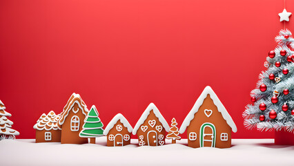 A red background with gingerbread houses and a Christmas tree
