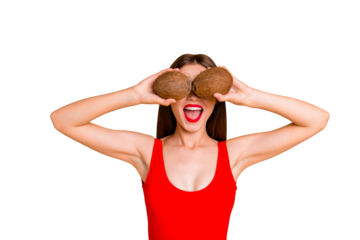 Facial emotion expressing shock open mouth concept. Photo portrait of funny funky joking nice glad attractive lady making spectacles covering eyes with coconuts in hands isolated bright background