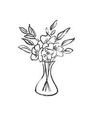 Hand drawn line art minimalist flower bouquet illustration. Abstract rough floral drawing. Floral and botanical clipart. Elegant flowers in a vase for florist branding and wedding stationery.