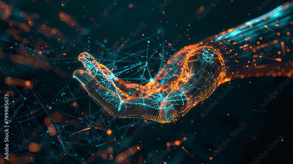Poster vivid digital hand hologram on dark background: neural network connection & ai communication - futur