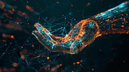 Vivid digital hand hologram on dark background: neural network connection & ai communication - futuristic technology concept with copy space