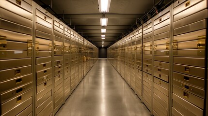 Symmetrical view of a long hallway lined with rows of safety deposit boxes in a bank vault.