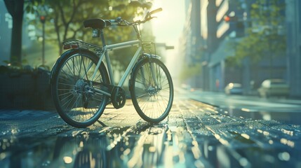 Sunlit city bike parked on a wet street, reflecting early morning light with urban background.