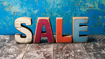 Colorful Sale Sign on Rustic Wooden Blocks Against Vintage Blue Background