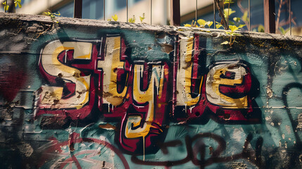 Urban Style Graffiti Art on Weathered Concrete Wall with Vibrant Colors and Textural Detail