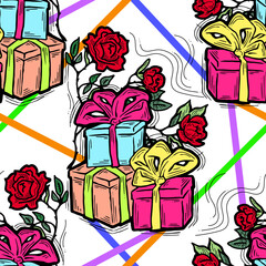 Gift box, ribbon and flowers seamless vector pattern for wrapping present with bow, party celebration, sale promotion, Textile print, fabric design, banner background. Hand drawn style illustration.